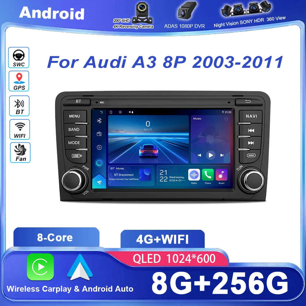 Android Auto Radio Stereo For Audi A3 8P 2003-2011 S3 RS3 Sportback Carplay Car Multimedia