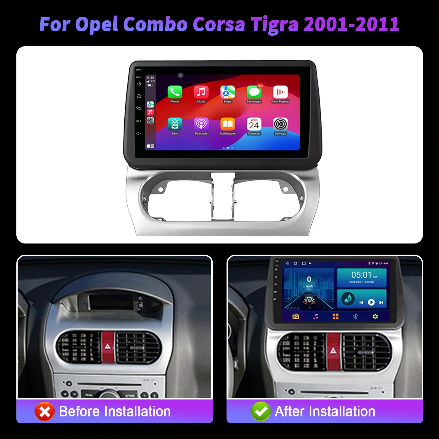 For Opel Combo Corsa Tigra 2001-2011 Car Radio Multimedia GPS Apple Android 14 Wireless BT