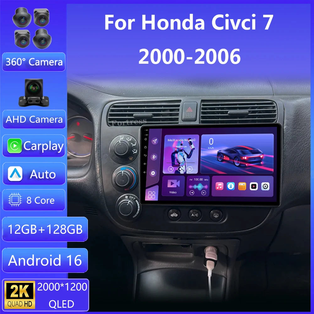 9”Android 16 Carplay Auto Car Radio Multimedia Player For Honda Civic 7 2000-2006 Navigati