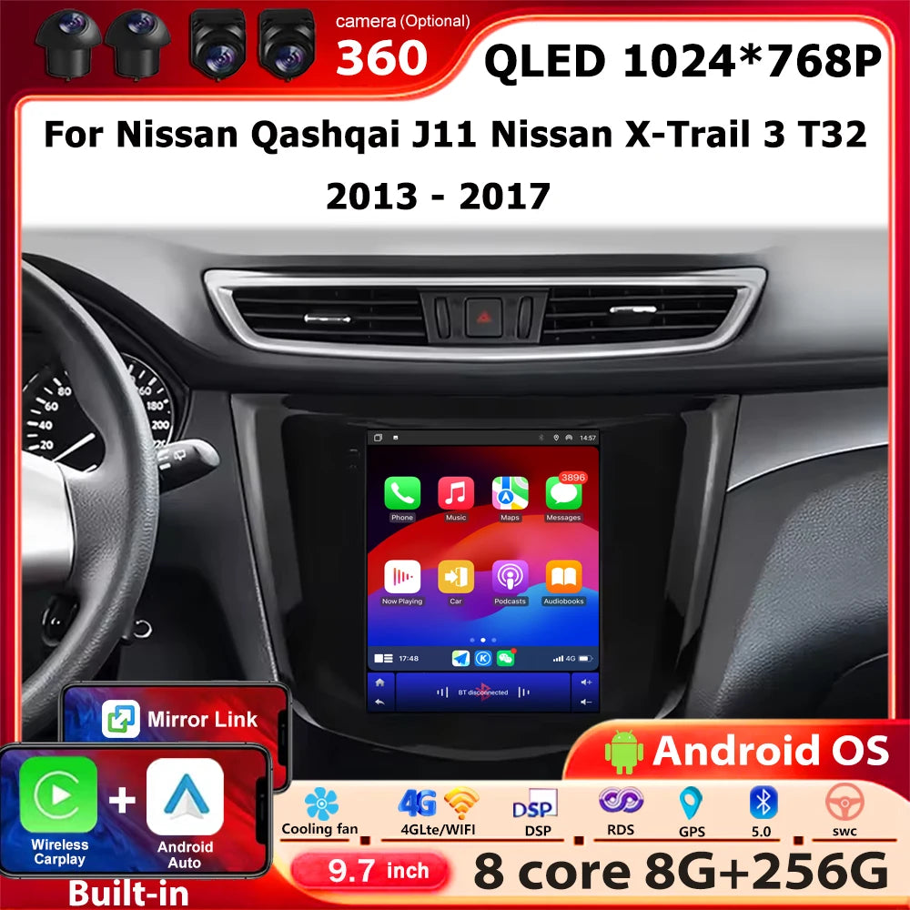9.7" Android 16 Auto Carplay For Nissan Qashqai J11 Nissan X-Trail 3 T32 2013 - 2017 Car R