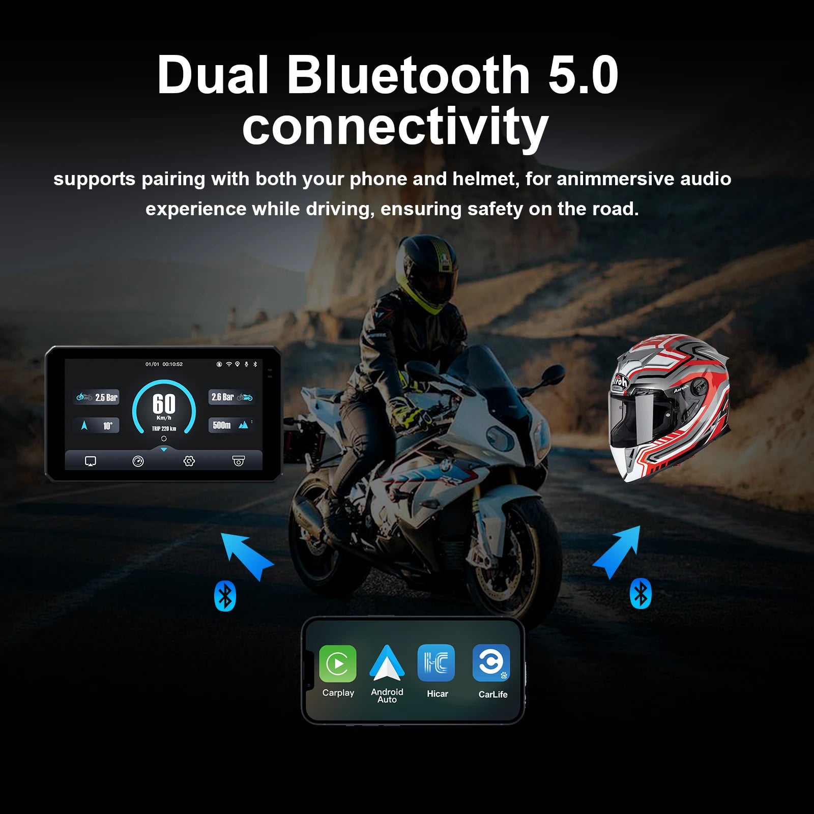 CARABC 6 inch motorcycle carplay screen Wireless Android auto Bluetooth GPS navigation IPX | AUTOKITSHOP