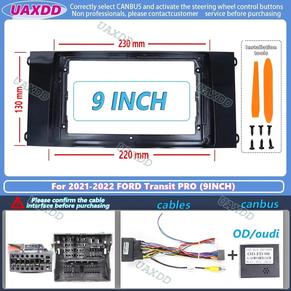 For 2021-2022 FORD Transit PRO 9INCH 2 Din Car radio Android frame fascia cable video harn
