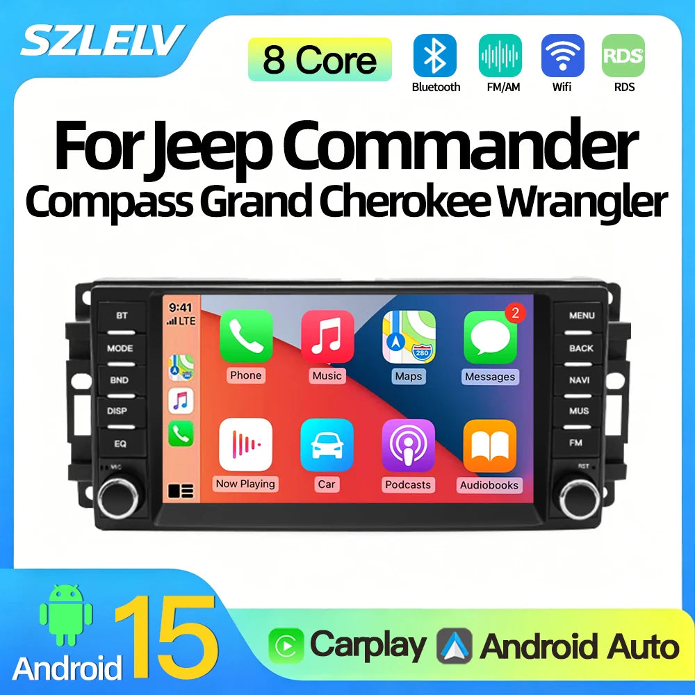 SZLELV Car Radio Carplay Android 15 Auto Multimedia Video For JEEP Compass Grand Cherokee