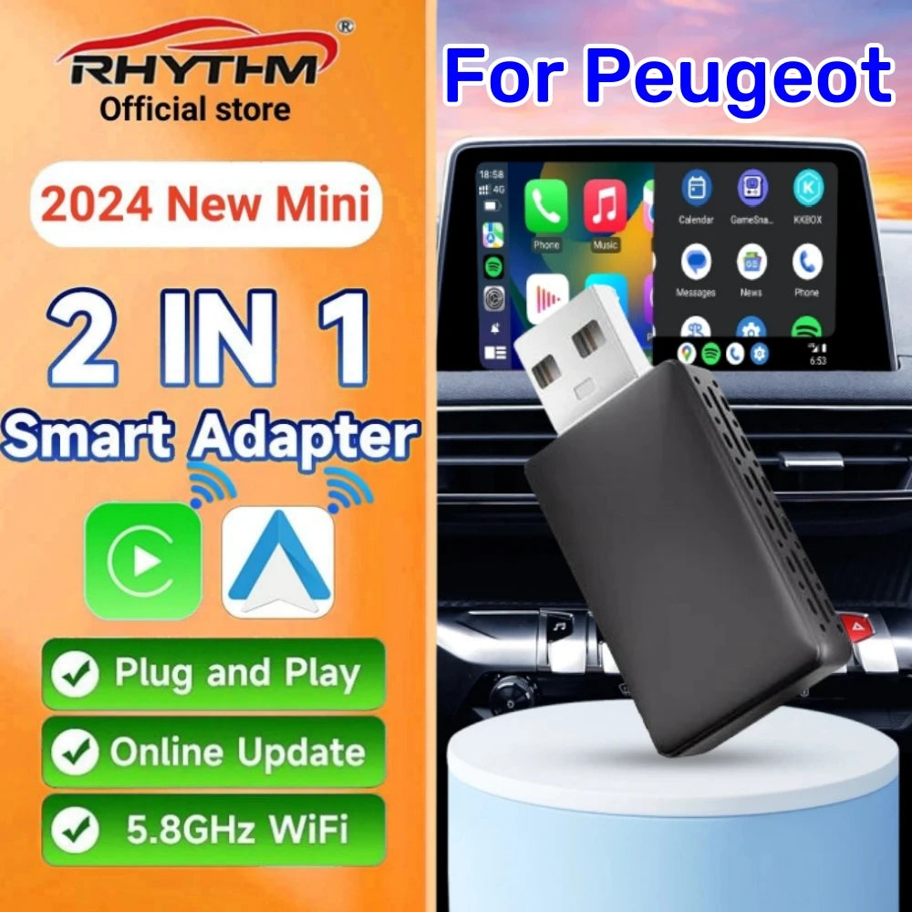 2024 NEW Mini 2in1 Ai Box Rhythm Wireless Carplay Adapter Android Auto Wireless For Peugeo | AUTOKITSHOP