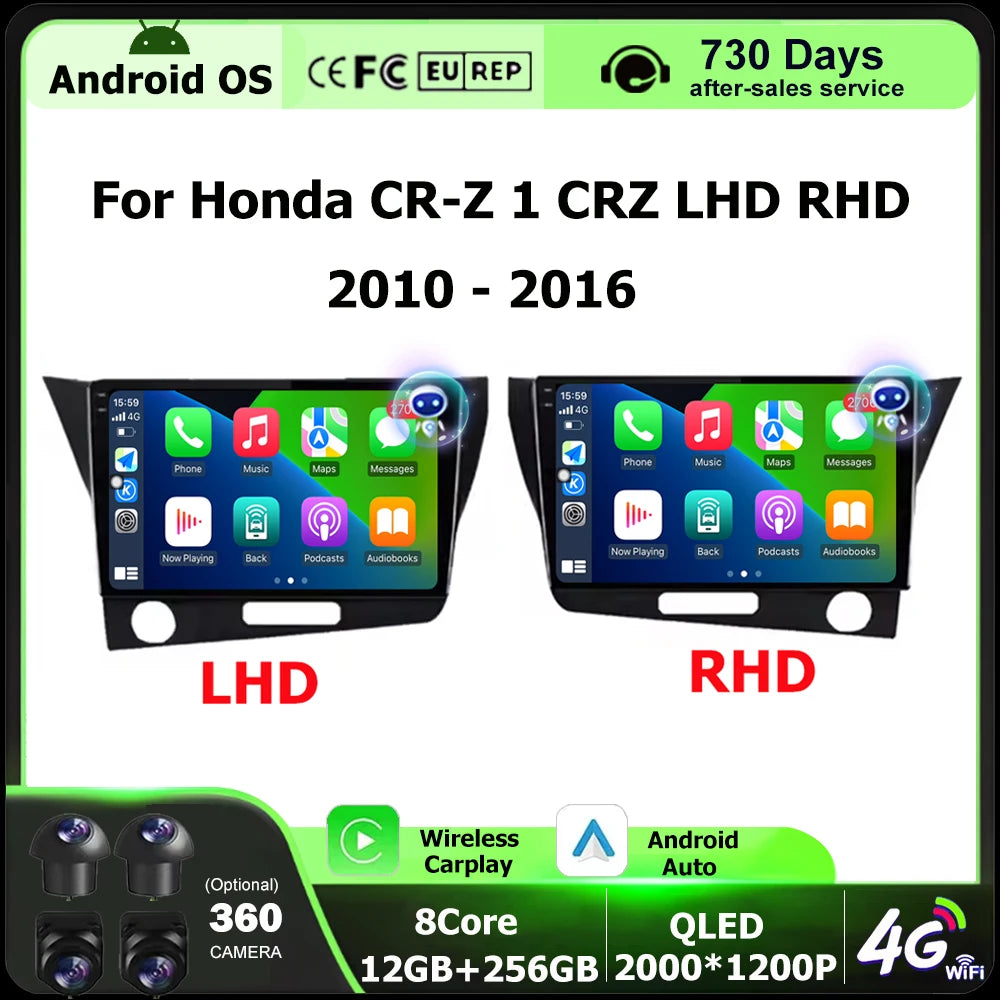 Android 16 Auto For Honda CR-Z 1 CRZ LHD RHD 2010 - 2016 Car Radio Multimedia Player GPS N