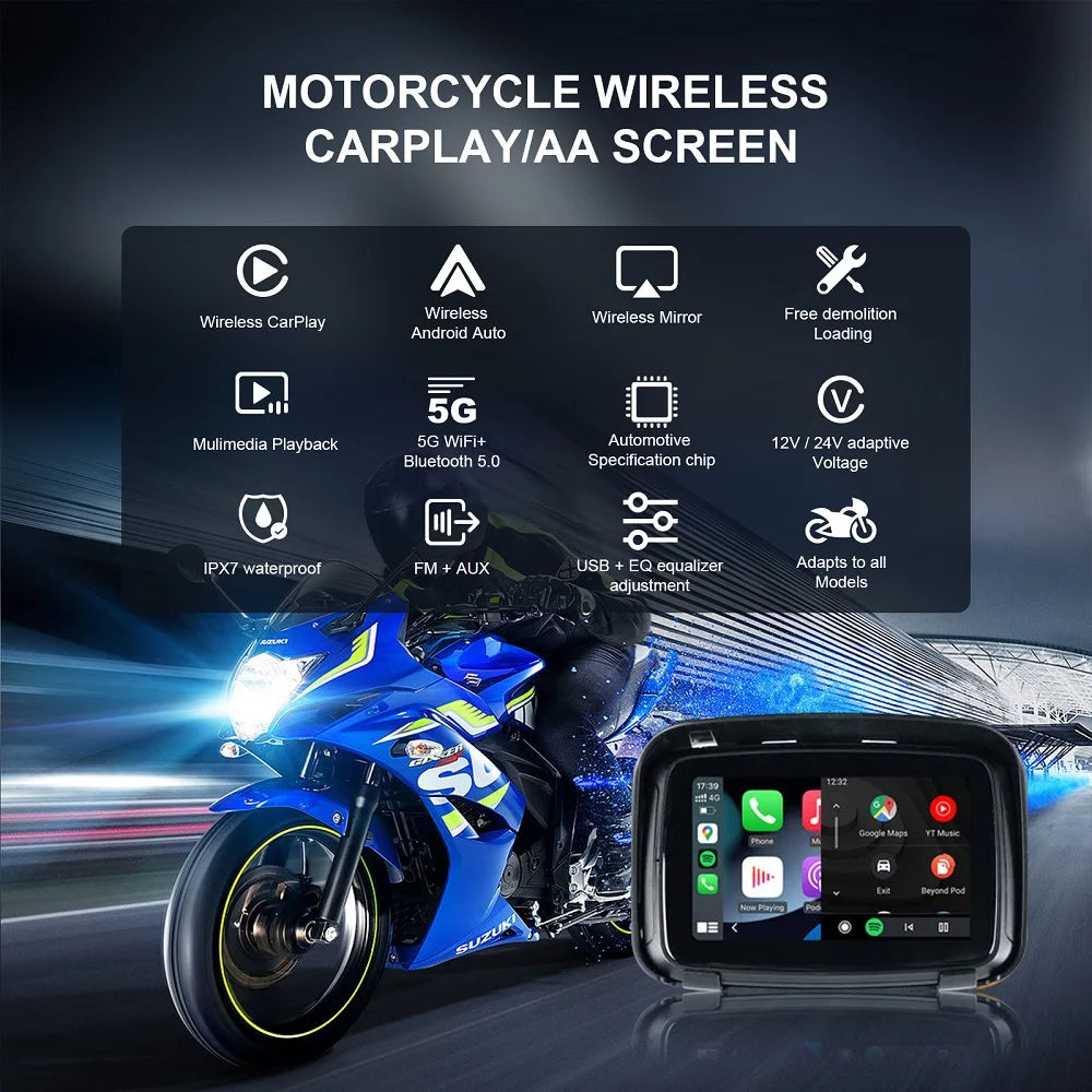 5 Inch Motorcycle Wireless For Apple Carplay Android Auto Portable Navigation GPS Screen I | AUTOKITSHOP