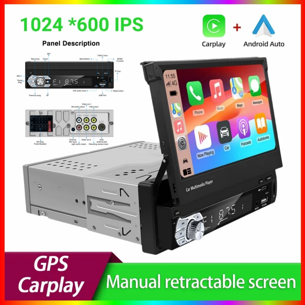 Universal 1 Din Car Radio Stereo 7" HD Retractable Touch Screen Carplay & Android Auto Mon | AUTOKITSHOP