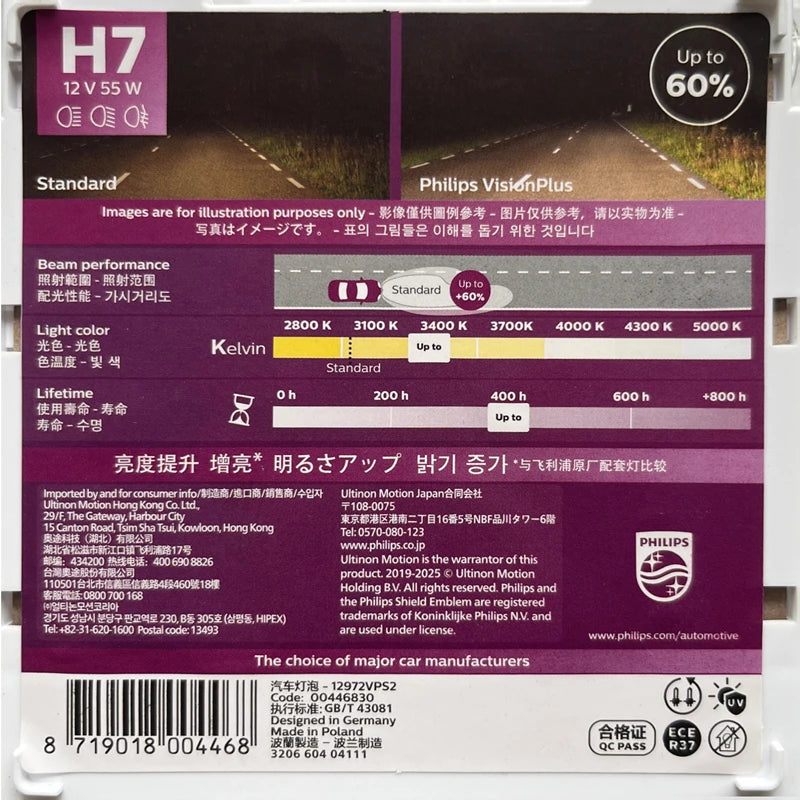 Philips H7 VisionPlus 12V 55W PX26d Halogen Car Headlight VP +60% Bright Auto Lamps Origin