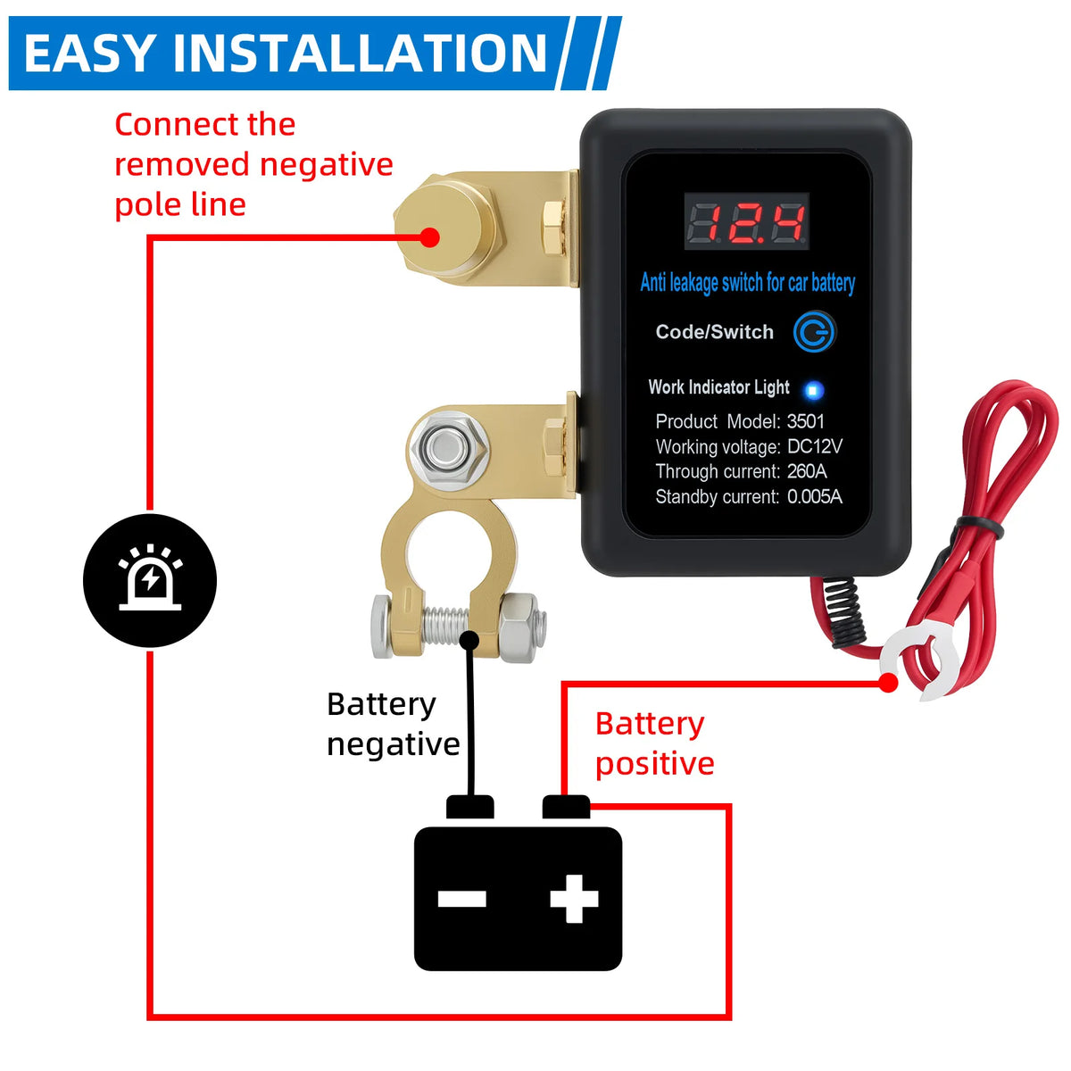 DC 12V 260A Car Automatic Power Shut Off Switch Remote Battery Cut Off Switch Disconnect Switch  - Automotive LED Light