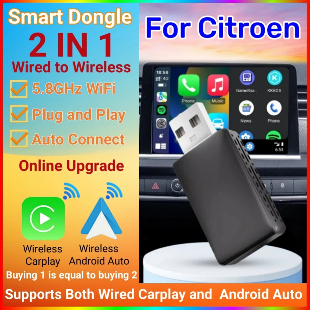 Mini 2in1 Box Wireless Carplay Adapter Android Auto Wireless Online Upgrade For Citroen C3 | AUTOKITSHOP