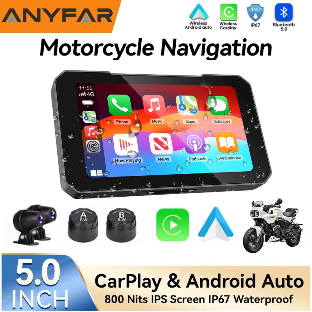 5" Portable Motorcycle Navigation GPS Wireless Carplay&Android Auto Moto Monitor IPX67 Wat