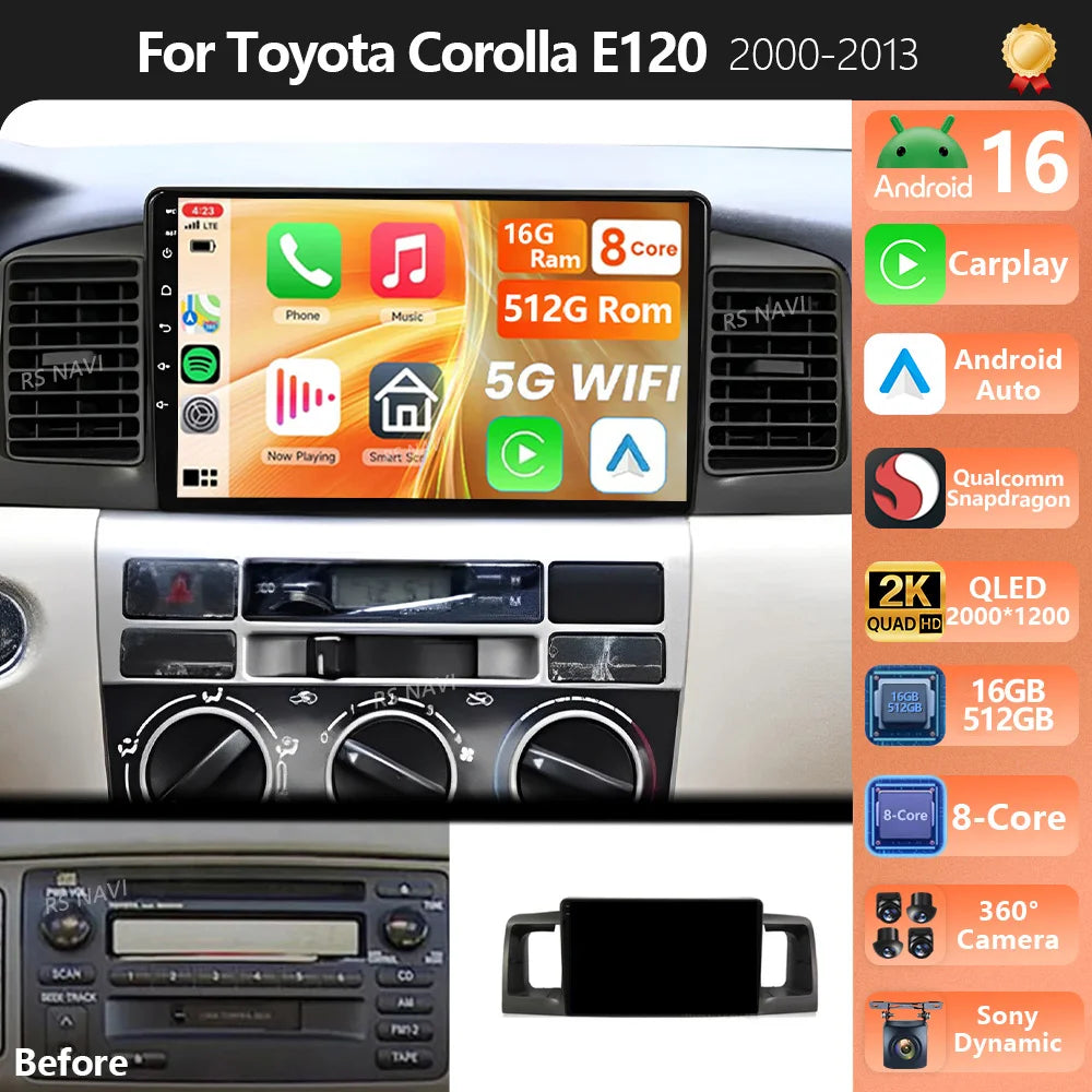 Plug and Play Android 16 For Toyota Corolla E120 2000 - 2004 Carplay Car Radio Multimedia