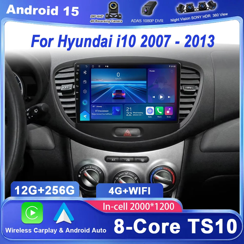 Android 15 Car DVD For Hyundai i10 2007 2008 2009 2010-2013 Auto Radio Stereo Multimedia P