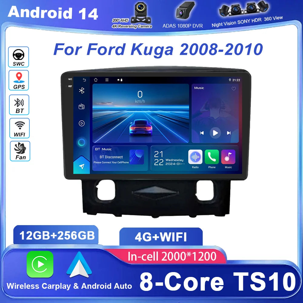 Car DVD Android 14 Radio Stereo For Ford Kuga 2008-2010 Auto High-Performance CPU Multimed