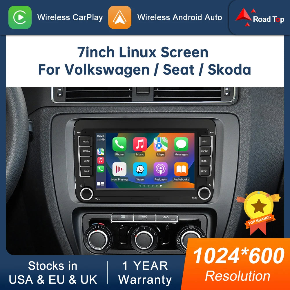 Road Top 7" HD Car Radio Wireless CarPlay Android Auto Stereo Audio For Volkswagen/Seat/Sk | AUTOKITSHOP