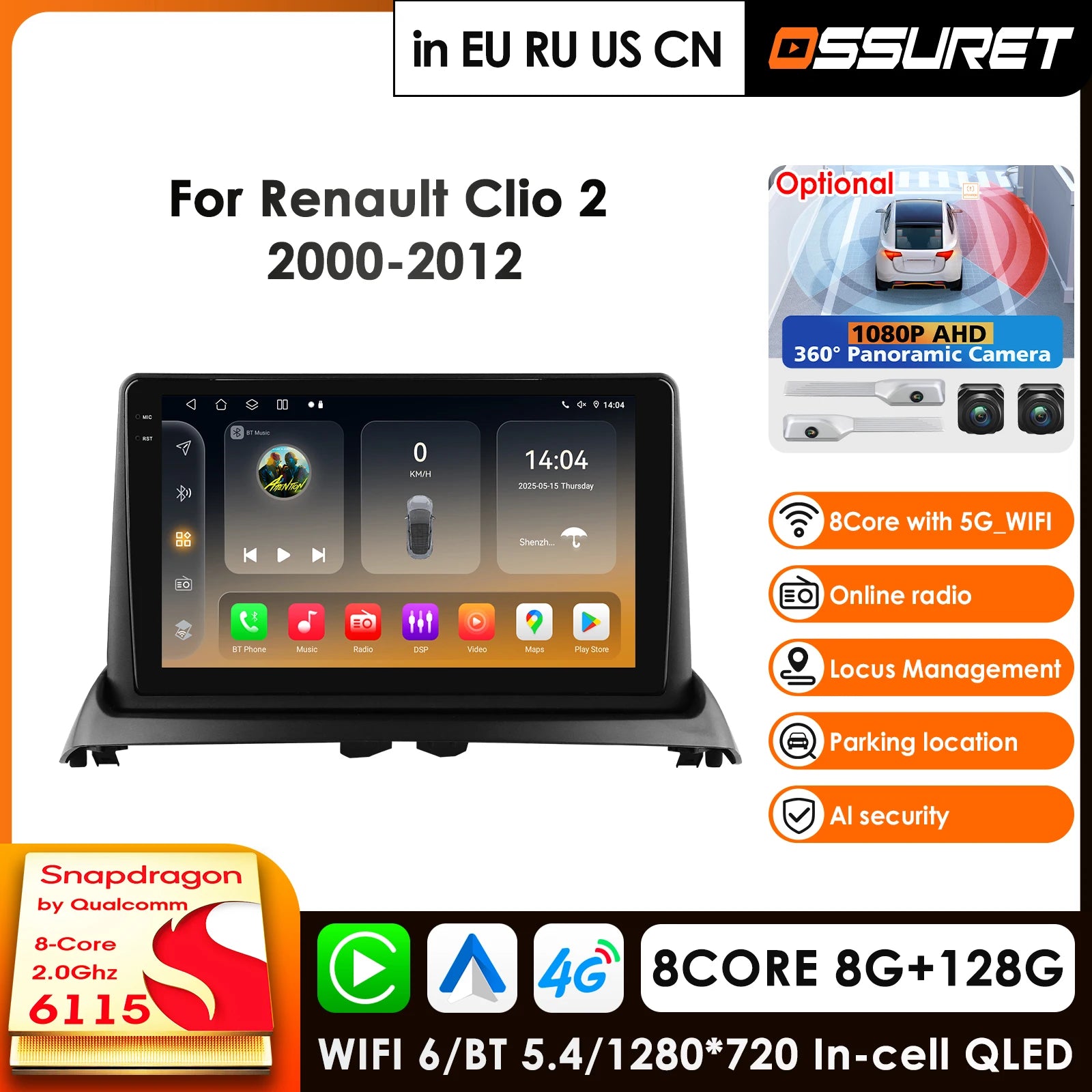 9" Car Radio GPS Wireless Carplay Android Auto for Renault Clio 2 2000-2012 Multimedia Player 4G 360° Camera - Qualcomm