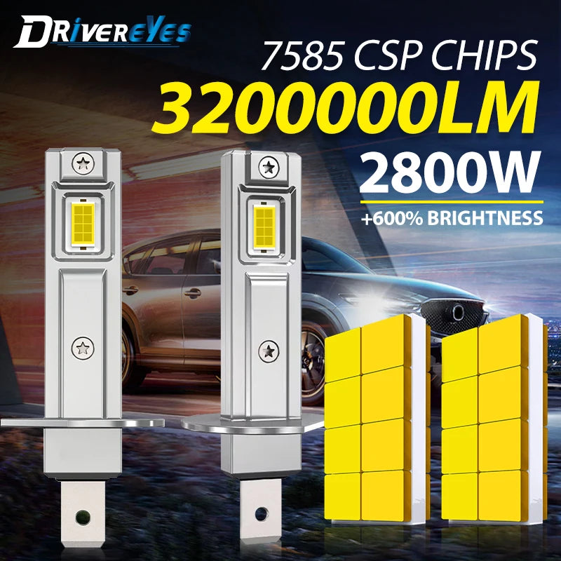 3200000LM H1 LED Headlight 2800W 6000K 3000K Plug&Play 1:1 Fanless Mini 16PCS 7585 CSP Tur