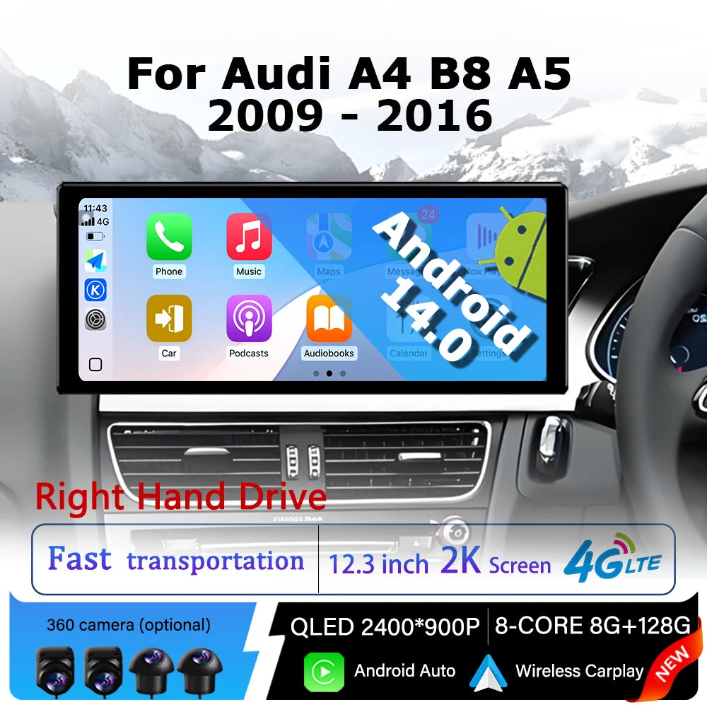Right Hand Drive for Audi A4 B8 A5 2009 - 2016 QLED 2400*900P Android 14 Multimedia BT GPS