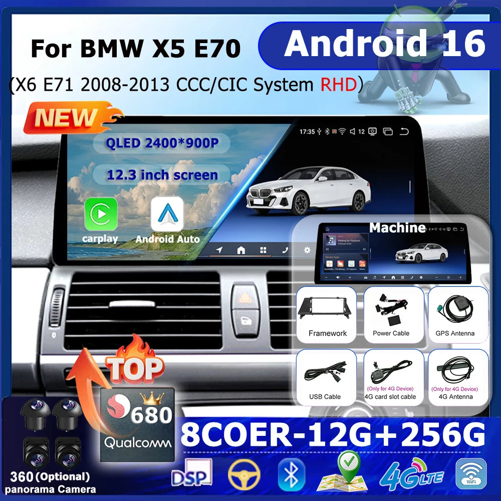 Android 16 Car Auto Multimedia Android Auto Carplay RHD For BMW X5 E70 X6 E71 2008-2013 CC