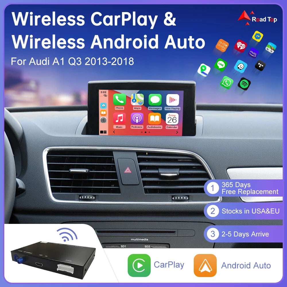 Road Top Android Auto Wireless CarPlay for Audi A1 Q3 2014-2018, with AirPlay Mirror Link