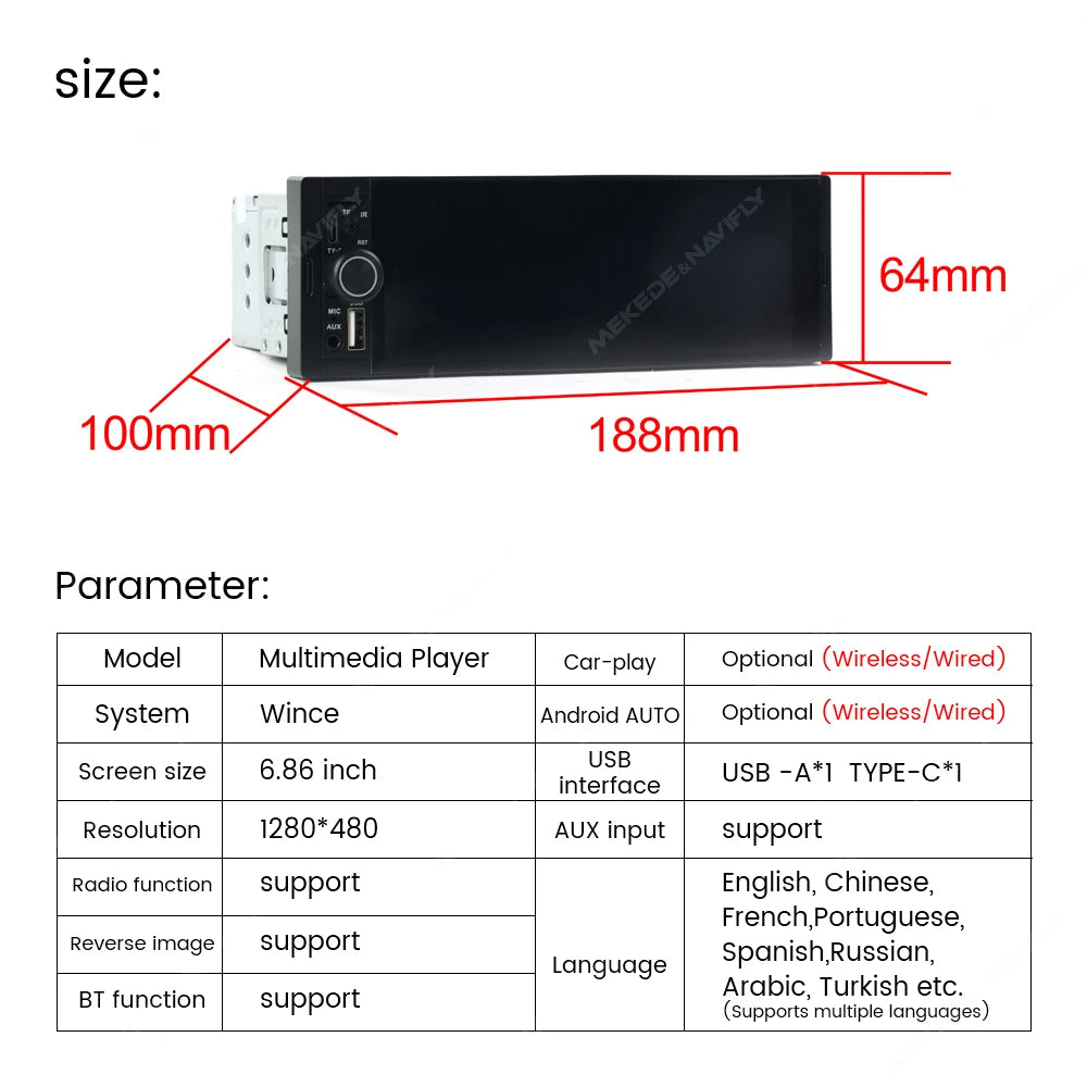 Car Radio For 1DIN 6.86inch HD touch screen Multimedia Player Multimedia Player Support Ca