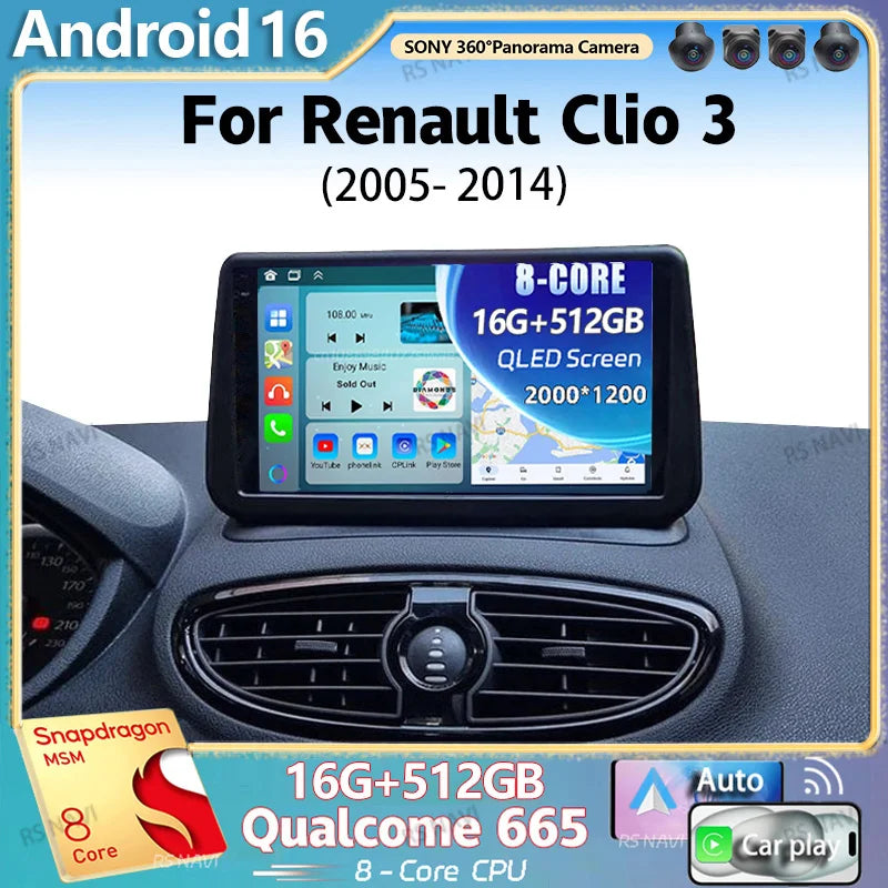 Android 16 For Renault Clio 3 2005-2014 2K QLED Android Car Radio Multimedia Video Player