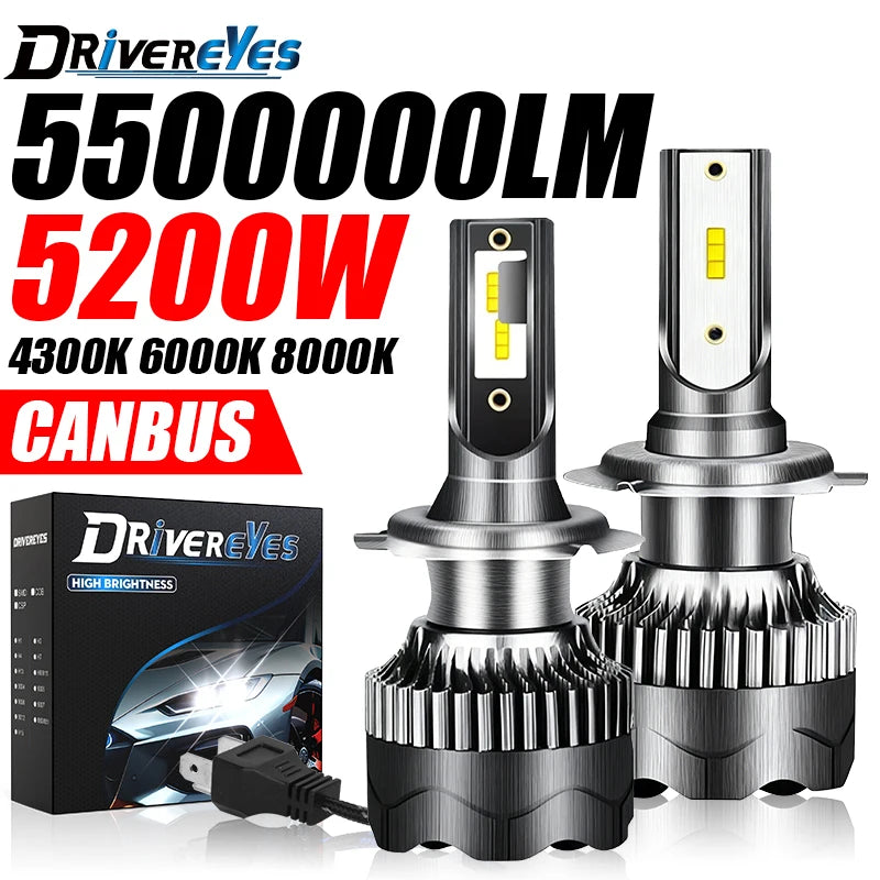 Drivereyes H4 LED Headlight 5200W 3570 CSP Chip H7 H1 H11 H8 9005 9006 HB3 HB4 H9 4300K 65