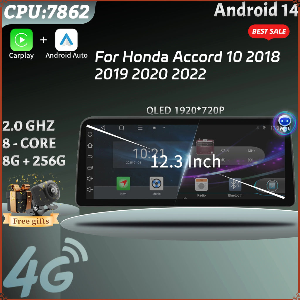 Android 14 12.3 inch Screen Multimedia Navigation 4G Wireless BT CarPlay Stereo For Honda