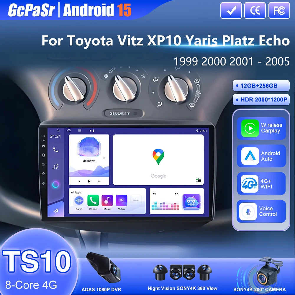 4G For Toyota Vitz XP10 Yaris Platz Echo 1999 -2005 Car Android Auto Radio Stereo Head Uni