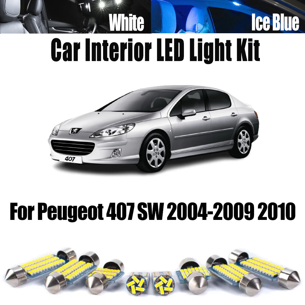 10-Piece LED Interior Light Kit for Peugeot 407 SW 2004-2008 - Canbus Dome Map Door Trunk Bulbs | AUTOKITSHOP
