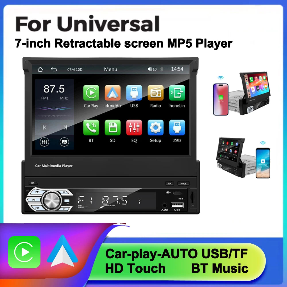 Universal Carplay Android Auto 1 Din MP5 Player 7 Inch Manual Automatic Retractable Touch