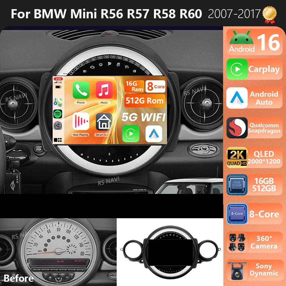 Plug and Play Android 16 Wireless Carplay Auto Car Radio For BMW Mini Cooper R56 R60 R51 2