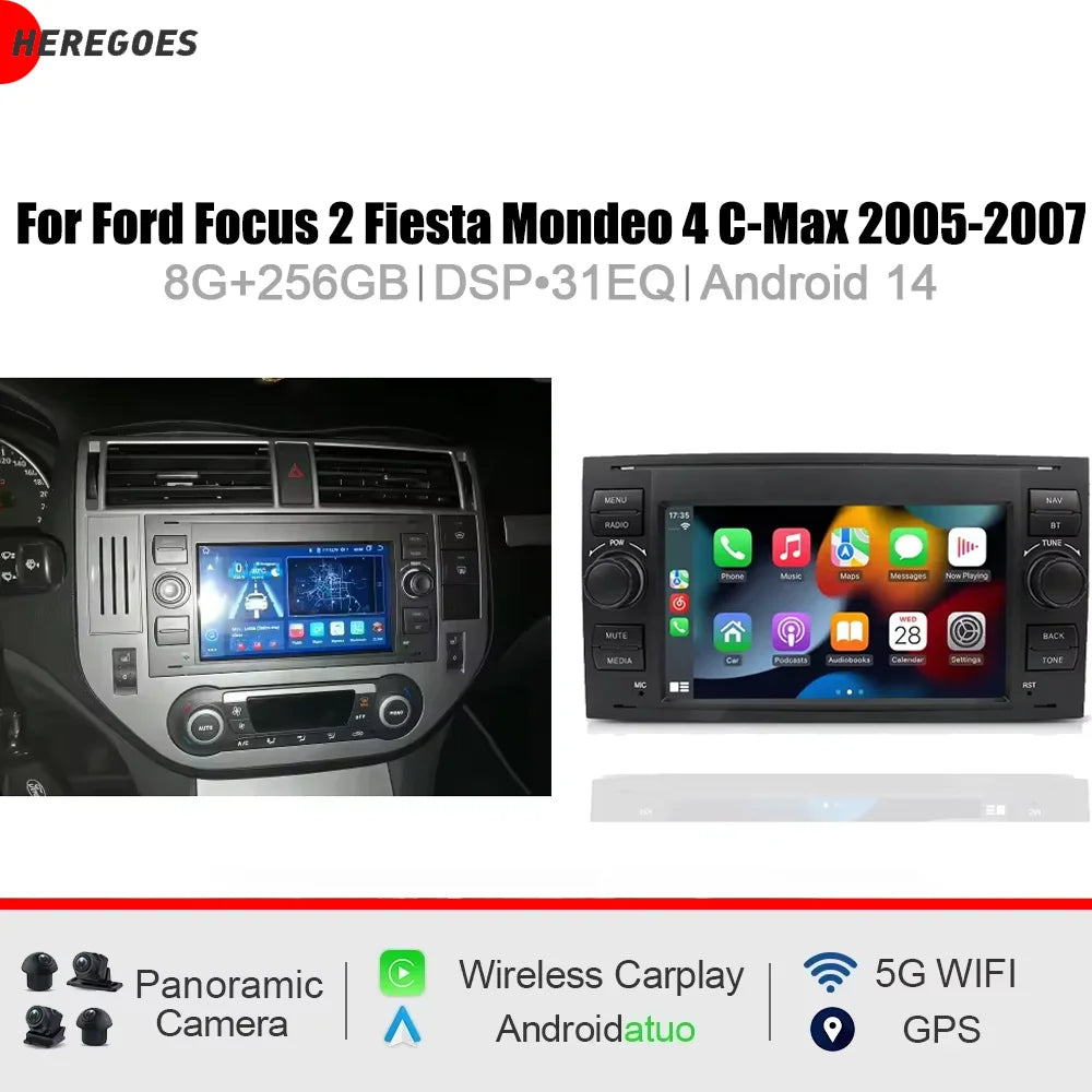 7" CarPlay Android 15 8 Core 12GB RAM 256GB ROM GPS Radio Multimedia Player for Ford Focus 2 Fiesta Mondeo 4 C-Max 2005-