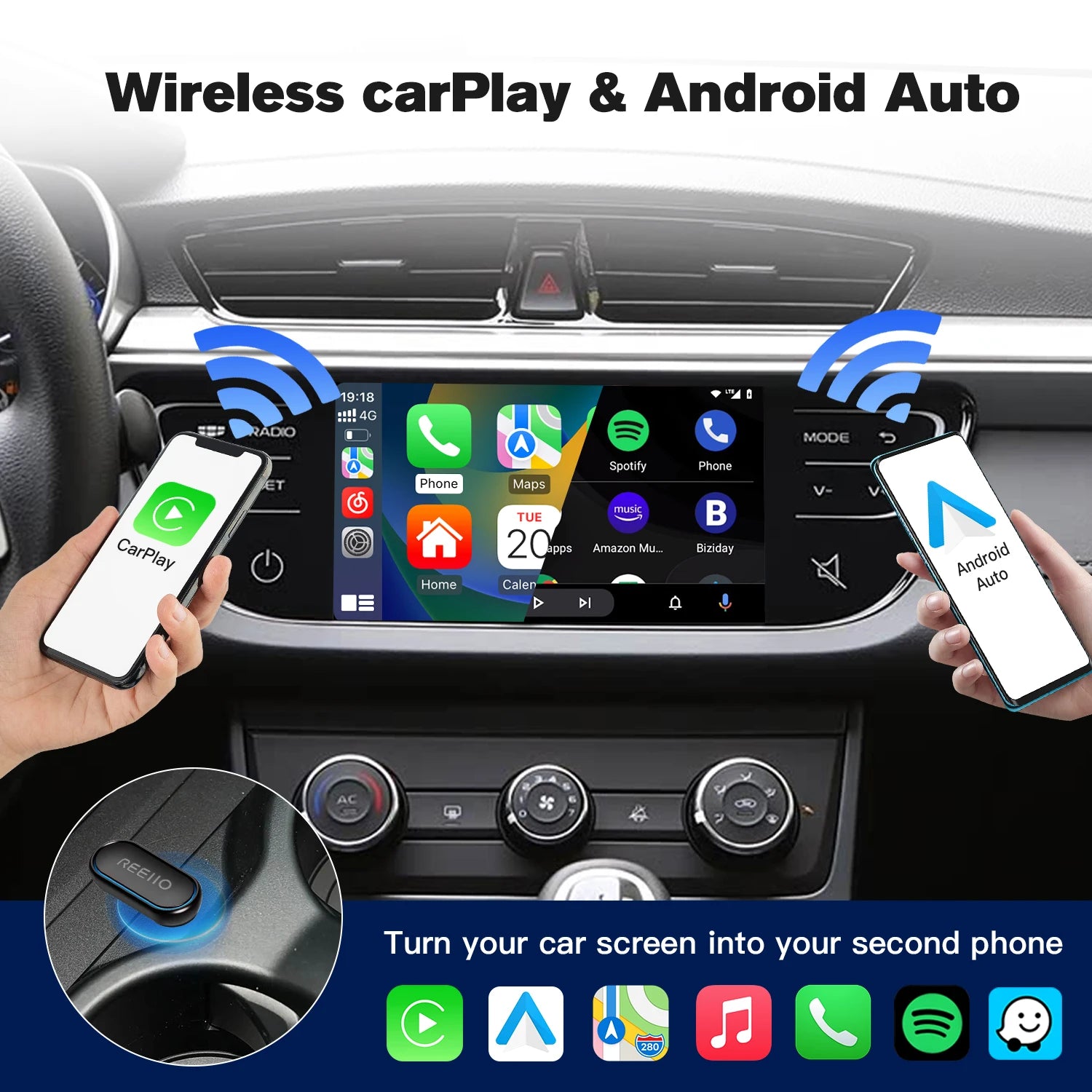 REEIIO WiFi Fast Connectivity 2-in-1 360 Degree Wireless Adapter CarPlay Android AUTO Car