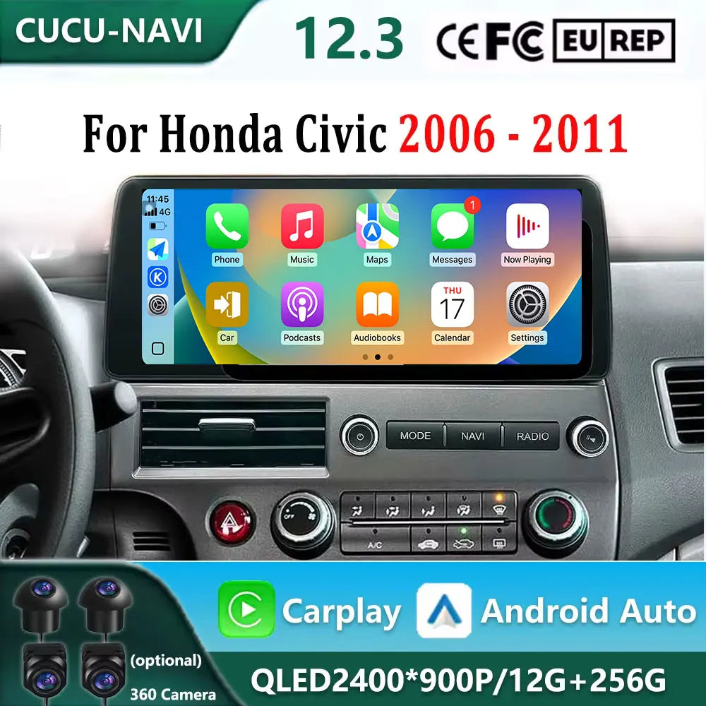 12.3 inch Navigation GPS 4G Carplay Left Hand Drive for Honda Civic 2006 - 2011 HD Screen  | AUTOKITSHOP