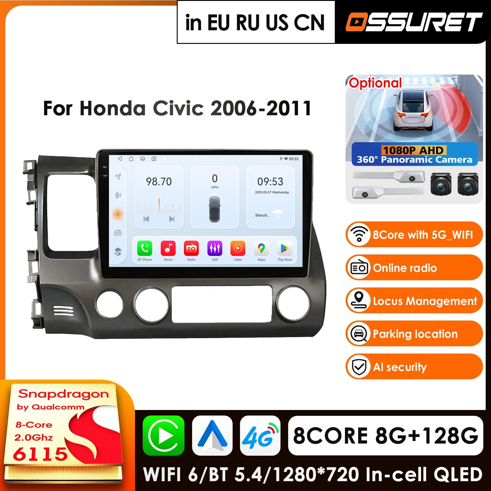 12.3" Car Radio GPS Multimedia Player for Honda Civic 8 2006-2011 with Carplay 4G AI Intelligent Screen 360Camera - Andr