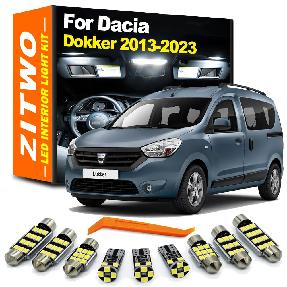 ZITWO 11Pcs Car Accessories LED Interior Light Kit For Dacia Dokker 2013- 2017 2018 2019 2020 2021 2022 2023 Dome Map Trunk Lamp