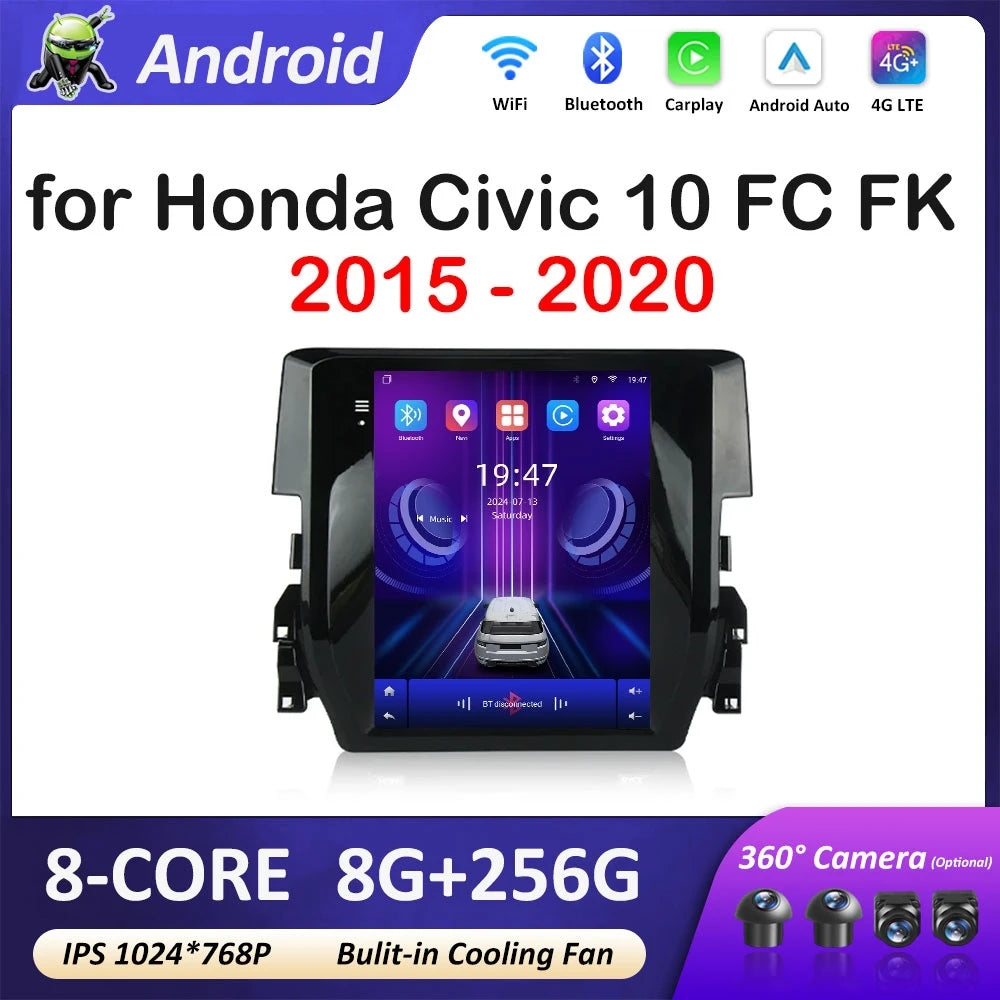 Android 14 GPS Navigation for Honda Civic 10 FC FK 2015 - 2020 Car Multimedia Radio Video