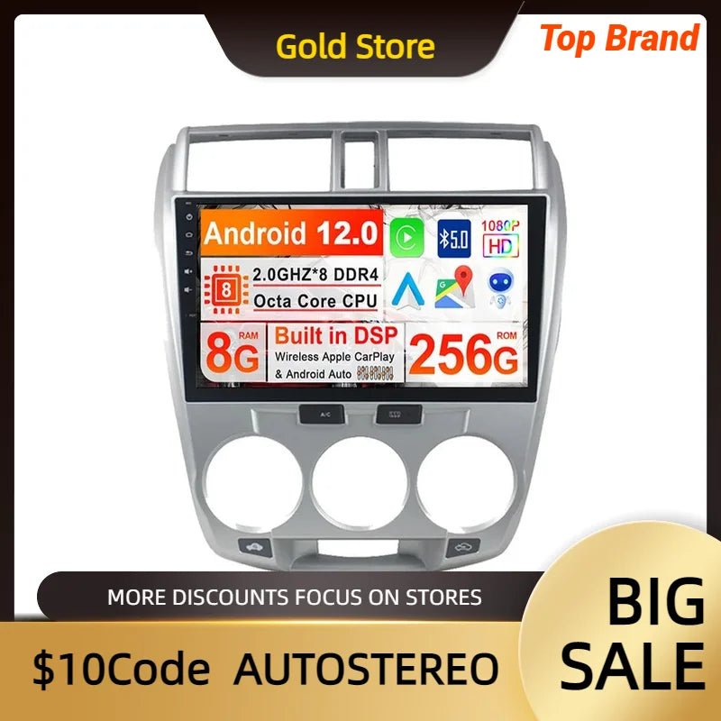 Carplay Android 14 Car Multimedia Player GPS Navigation For Honda City 2008-2014 Auto Radi