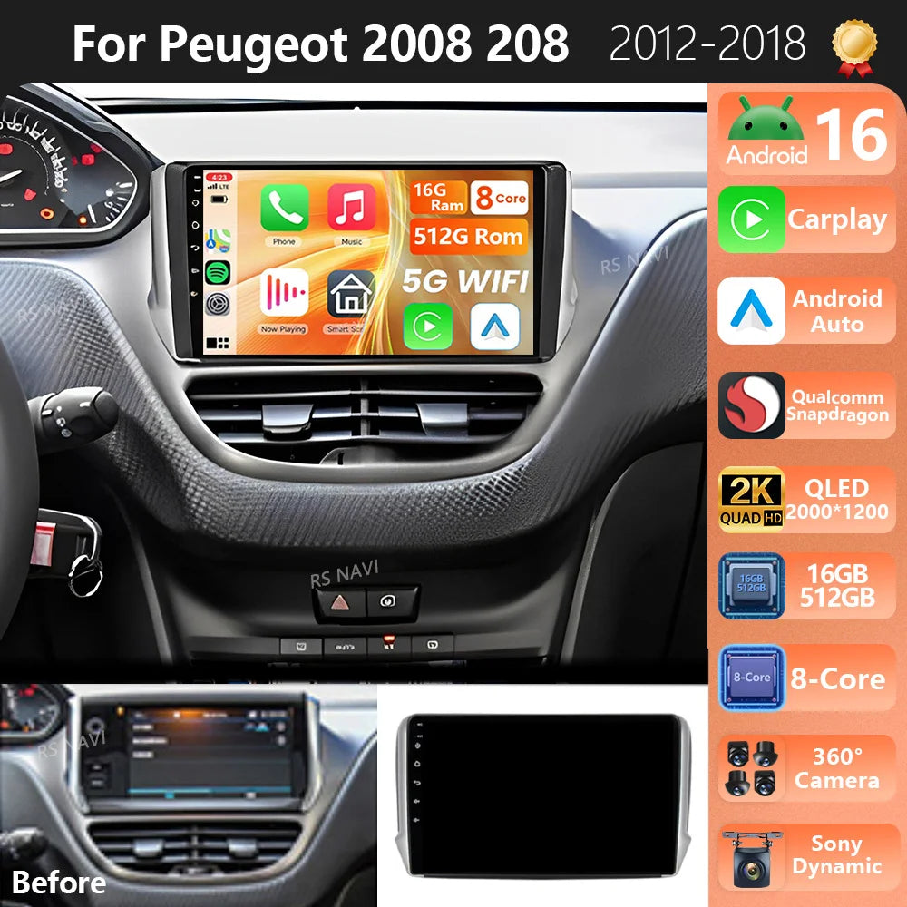 Plug and Play Android 16 For Peugeot 208 2008 2012-2018 2K QLED Android Car Radio Multimed