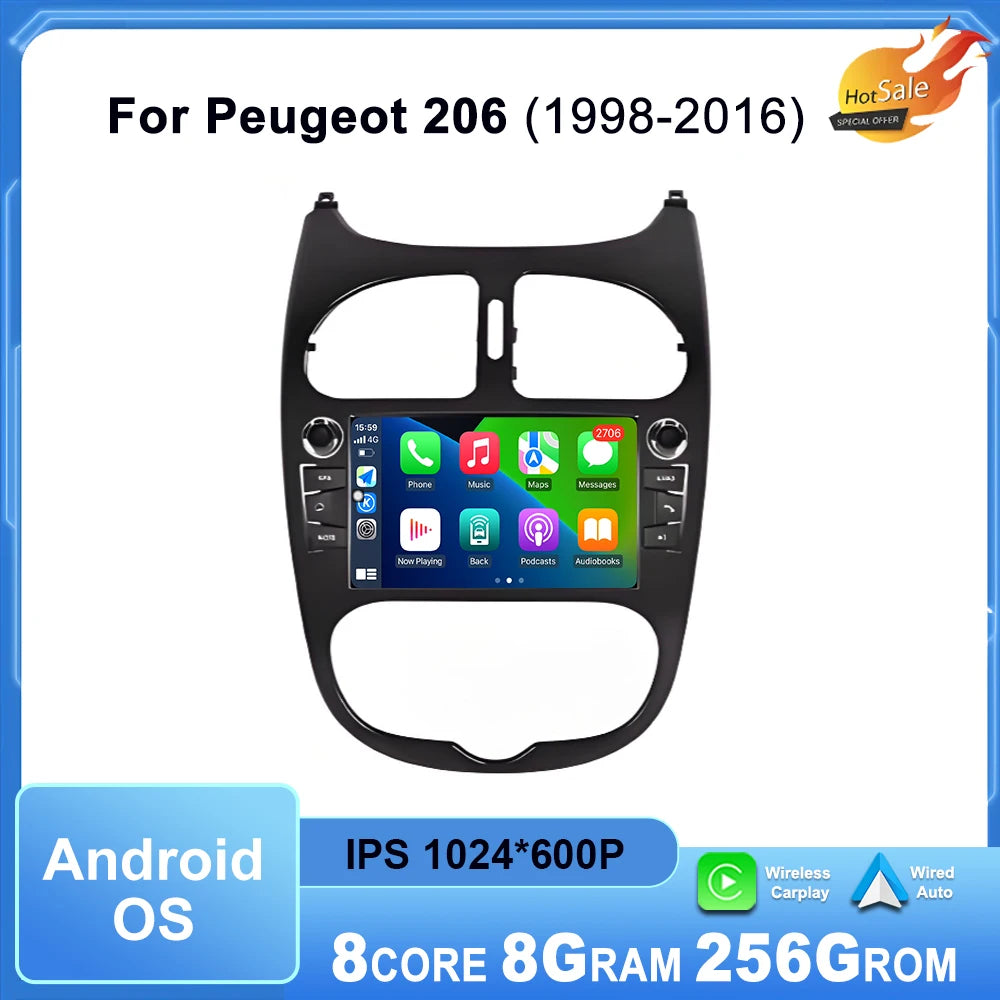 Wireless Carplay Android Auto for Peugeot 206 1998 - 2016 Car Radio Multimedia Player Touc