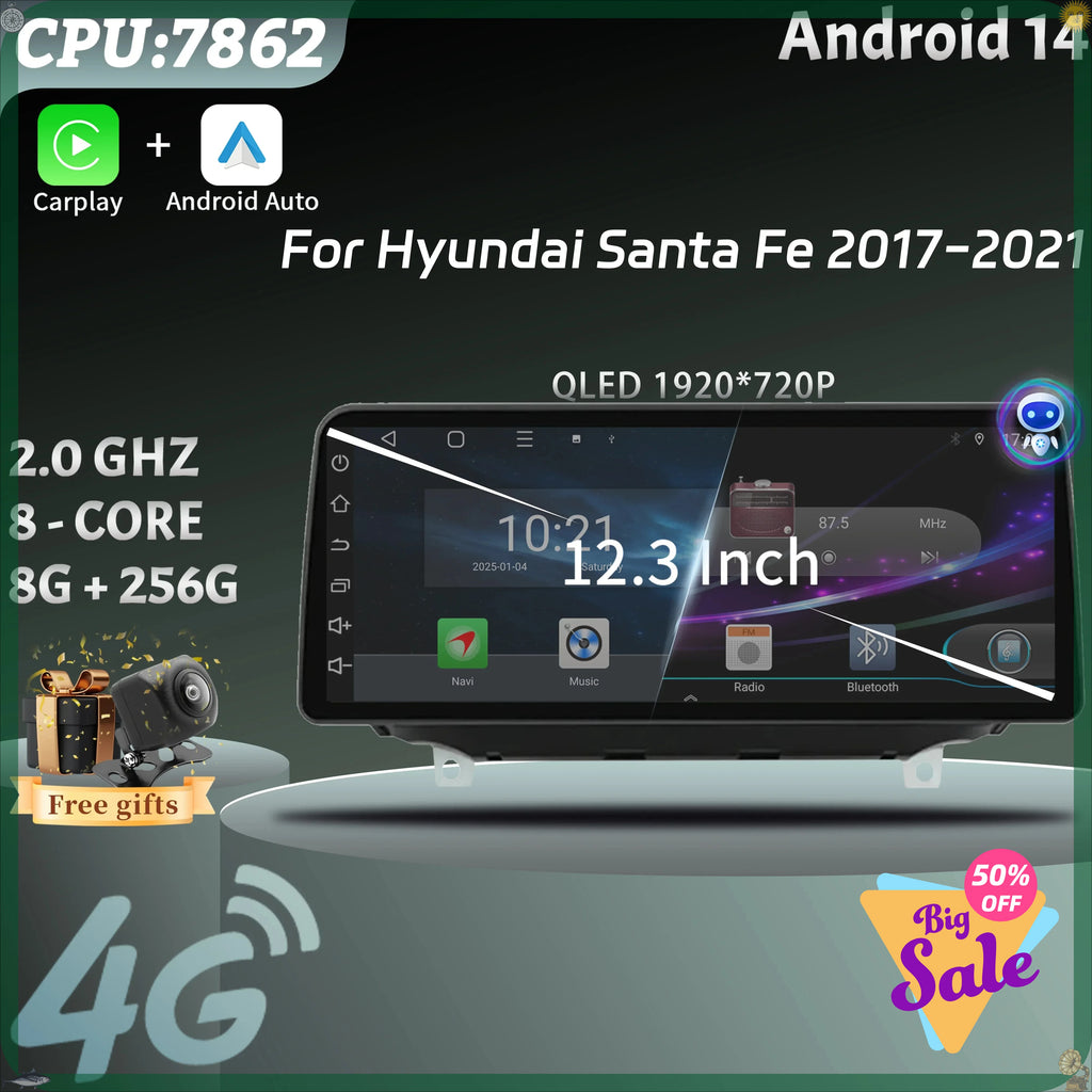 For Hyundai Santa Fe 2017-2021 12.3inch Android 14 Car Radio Multimedia Navigation Wireles