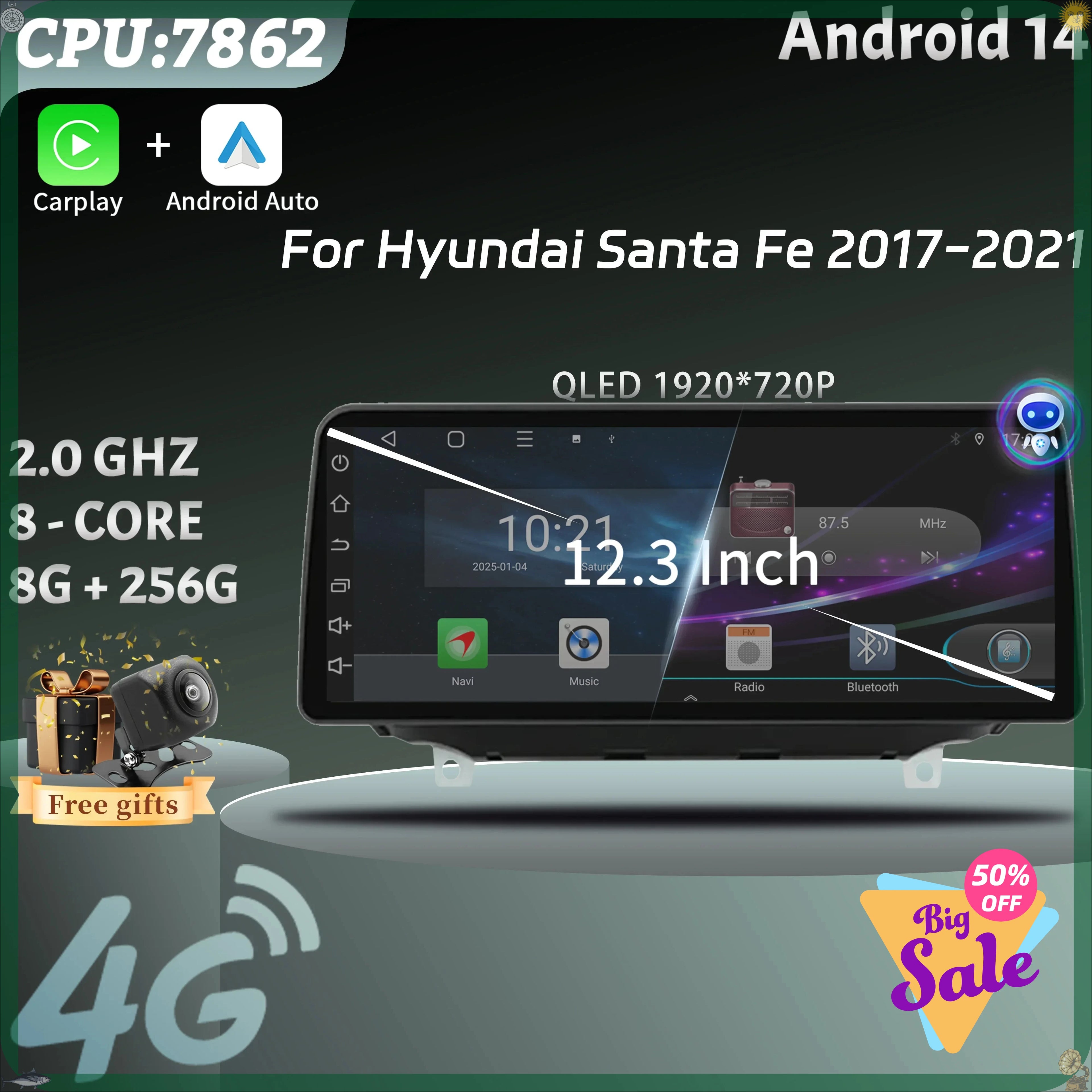 For Hyundai Santa Fe 2017-2021 12.3inch Android 14 Car Radio Multimedia Navigation Wireles