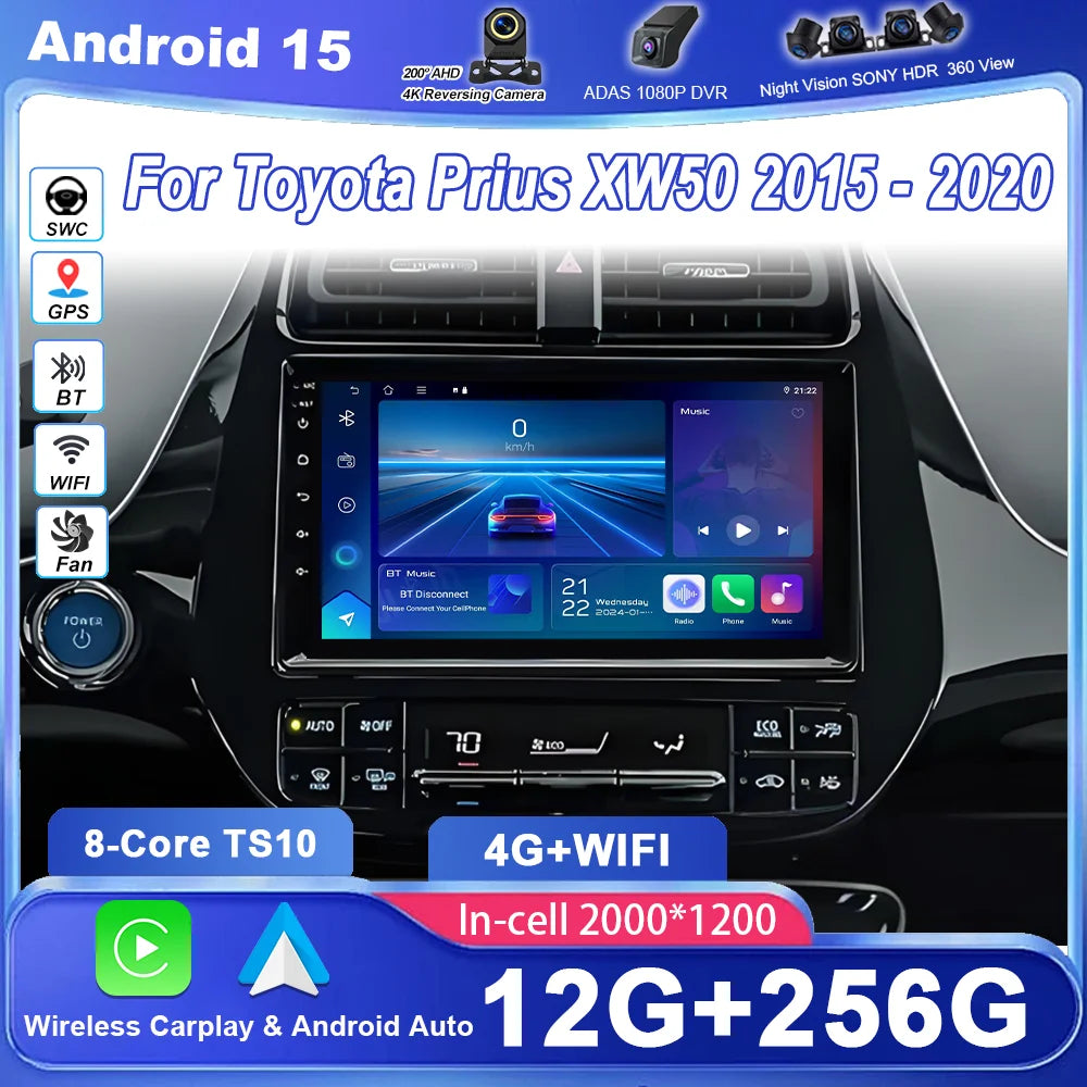 Android 15 Car Radio For Toyota Prius XW50 2015-2020 Multimidia Video Player QLED Touch Sc