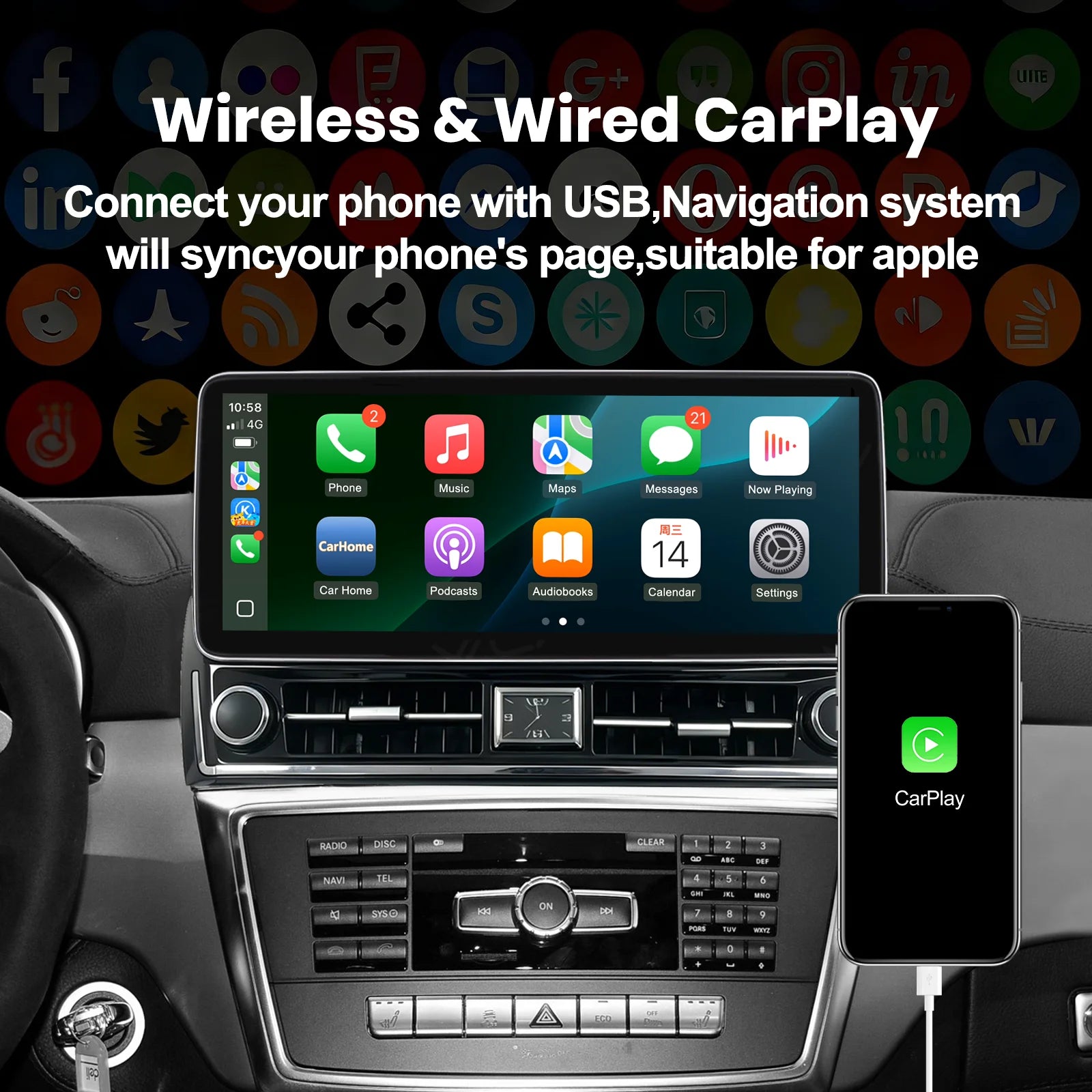 Touch Screen Wireless CarPlay Multimedia Display for Mercedes-Benz ML 2012-2015 NTG 4.5