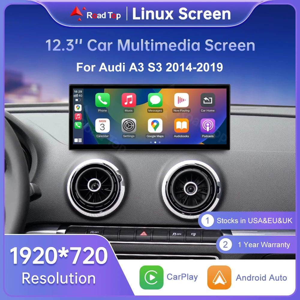 Road Top 12.3" Linux Screen For Audi A3 S3 2014-2019 with Wireless CarPlay Android Auto Ai