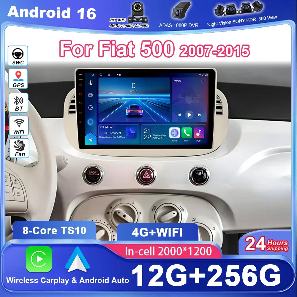 Car DVD Android 16 Radio Stereo For Fiat 500 2007-2015 Auto Multimedia Player GPS Navigati