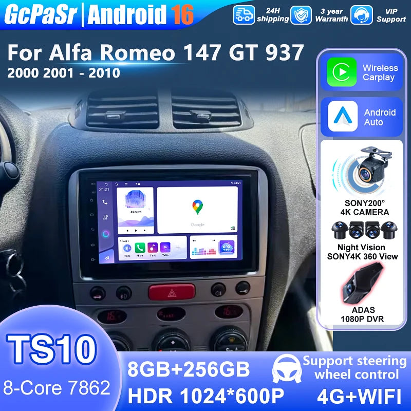 For Alfa Romeo 147 GT 937 2000 - 2010 Android Auto Car Radio Multimedia Auto Player GPS He