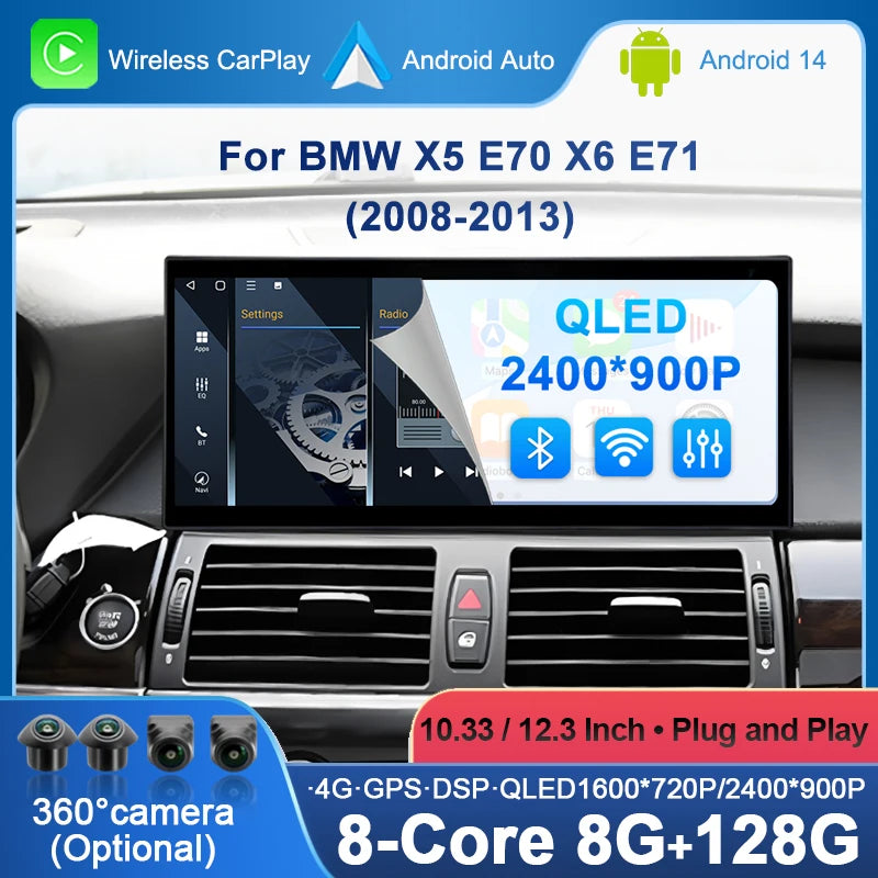 Wireless CarPlay Android 14 For BMW X5 E70 X6 E71 2008 - 2013 CCC CIC System Car Multimedi