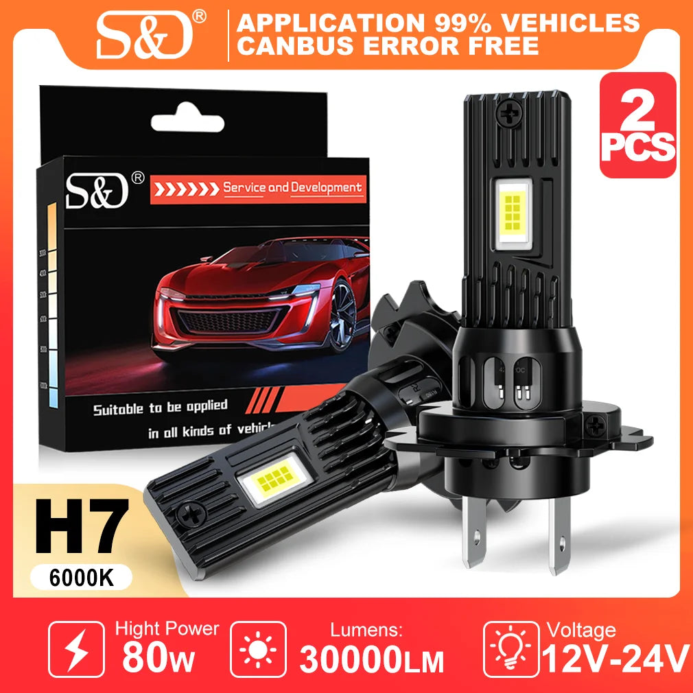 S&D H7 Car Led Headlight H4 Canbus Headlight Bulbs 80W 30000LM H11 9005 9006 for Car Drivi